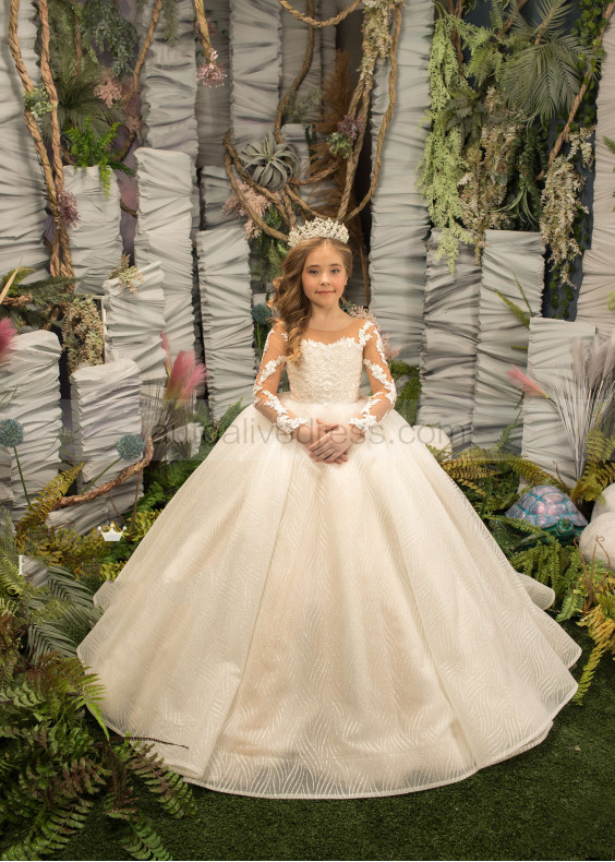 Long Sleeve Beaded Ivory Lace Tulle Flower Girl Dress